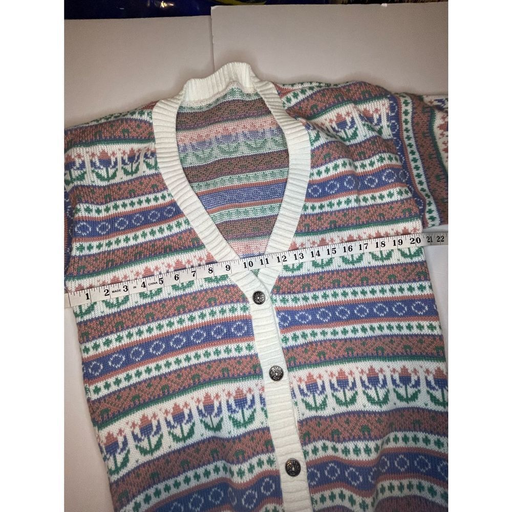 Vintage 80s / 90s Womens Medium Pastel Floral Knit Cardigan Sweater USA - Picture 6 of 9